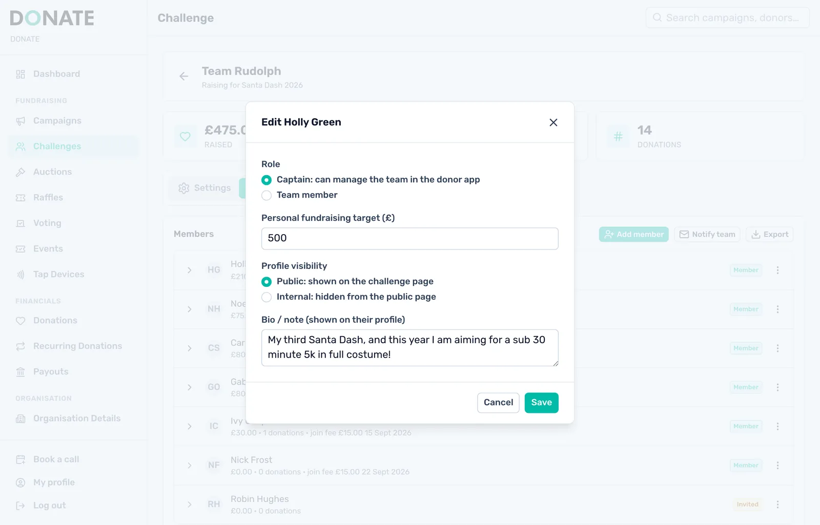 Make someone team captain: A captain can manage the team from their own DONATE account, where they are shown as Admin.