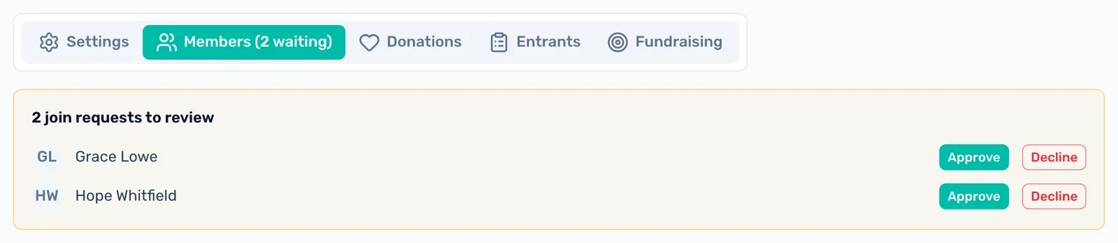 Approve people asking to join: Join requests wait at the top of the Members tab, with Approve and Decline for each.