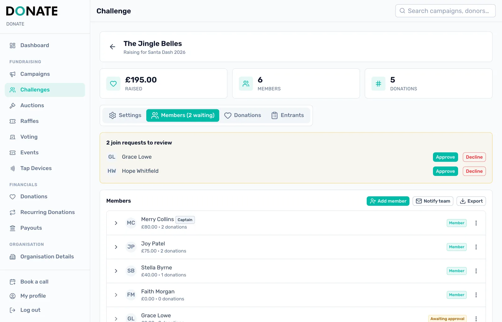 Approve people asking to join: Join requests wait at the top of the Members tab, marked Awaiting approval. Approving someone sends them a real welcome email with the team logistics, even in Preview.