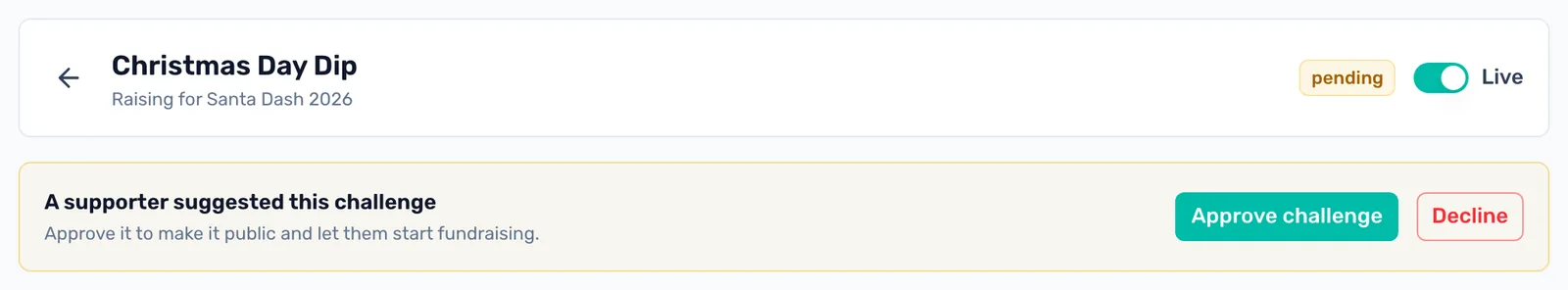 Approve or decline a suggestion: Approve challenge makes it public and lets the supporter start fundraising. Decline keeps it hidden.