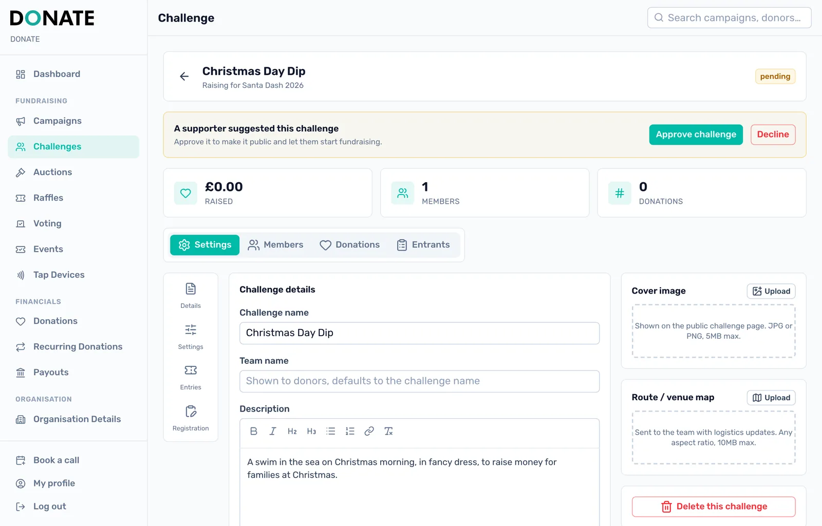 Approve or decline a suggestion: A suggestion shows Awaiting approval in the Challenges list and a pending badge on its own page. Approving it also publishes its campaign if it is not live, skipping the publish ticks and ending Preview.