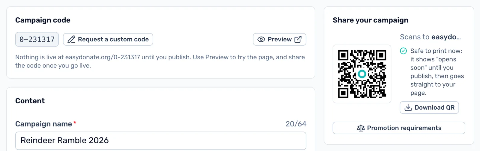 Preview and print early: A campaign that has never been published has a Preview button. Its QR code is safe to print now.