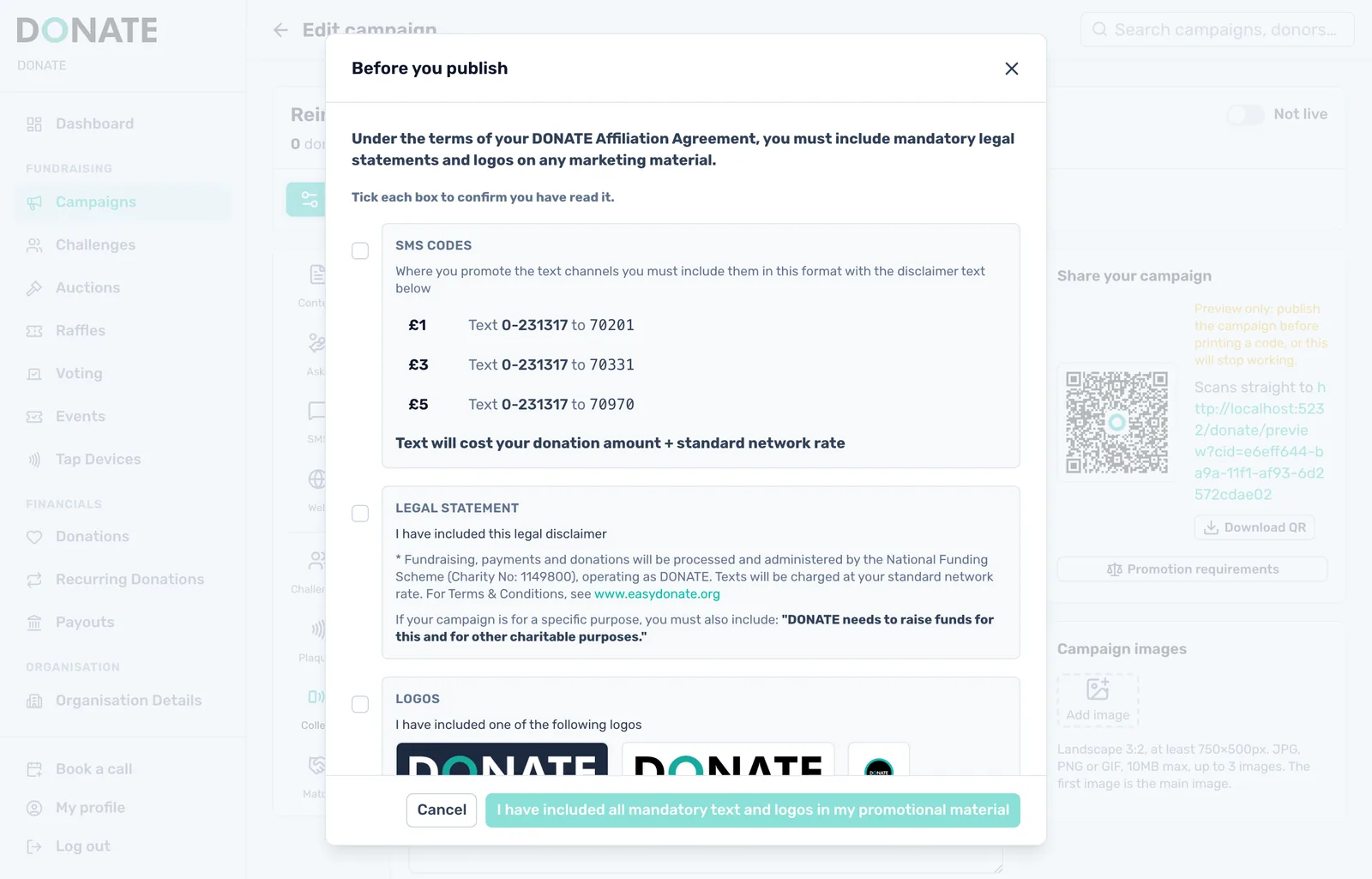 Publish the campaign: Switch the campaign's Live switch on and tick the promotion rules. Its challenges go live with it, and people who joined from the team page in Preview are removed.