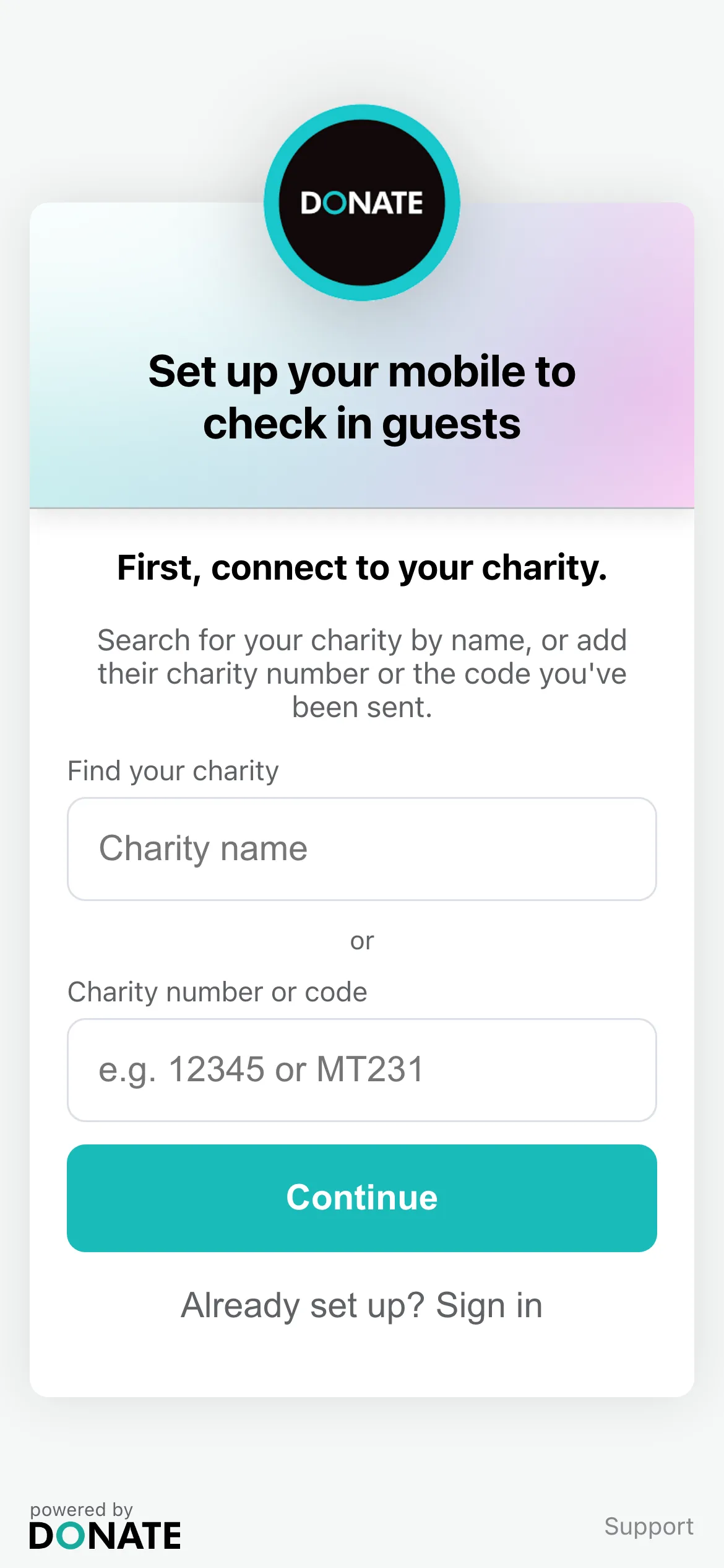 Volunteers set up Admissions: The volunteer opens your invite link, or goes to app.easydonate.org and finds your organisation under "Find your charity", or types your charity number under "Charity number or code", and taps Continue. They add their name, mobile number and email, then type the code we text them. With an invite they can start straight away. Otherwise the app says it has asked you to approve them, and they can start once you do. Next time, they tap "Already set up? Sign in" and use the email they gave when they set up.