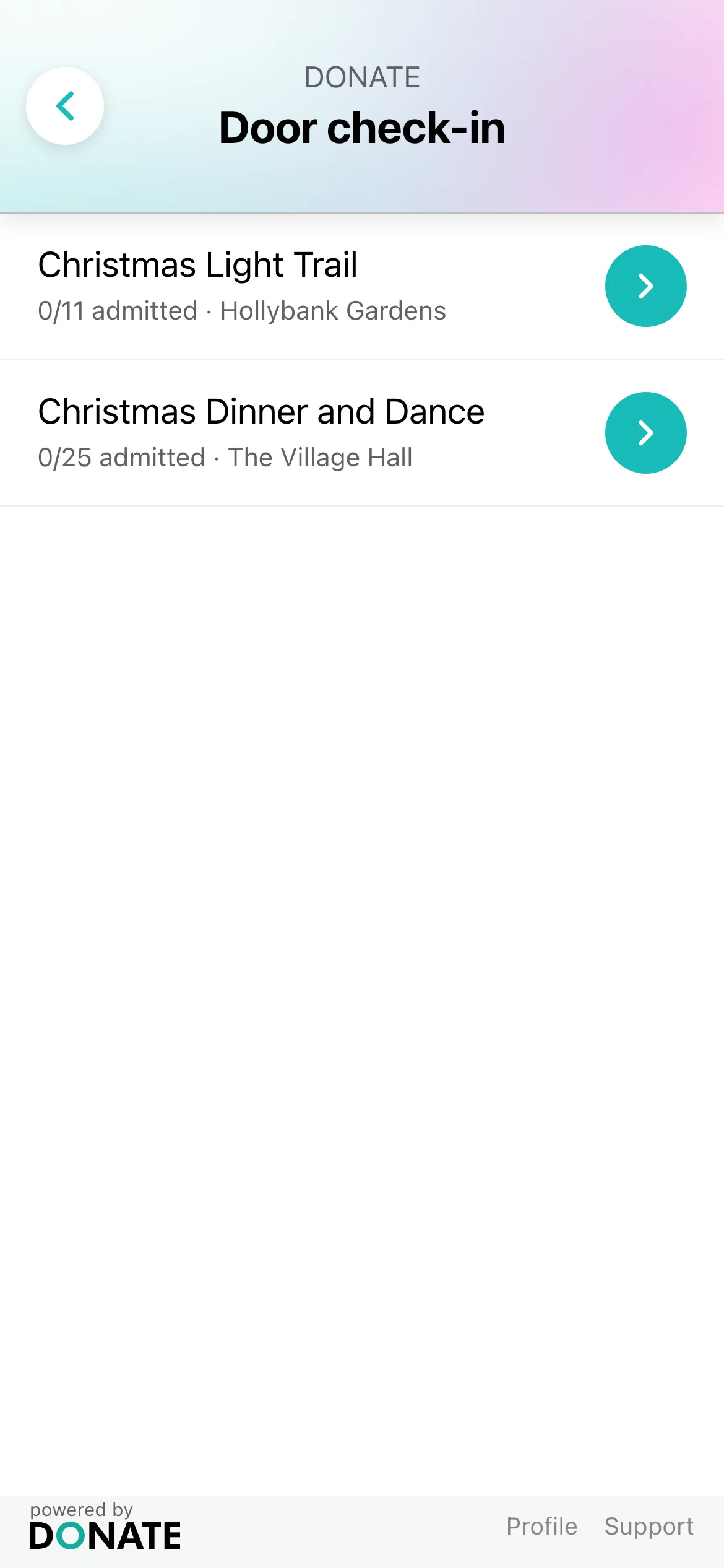 Pick the event: Door check-in lists your events that have door check-in on, with how many are admitted. If there is only one, it opens straight away.