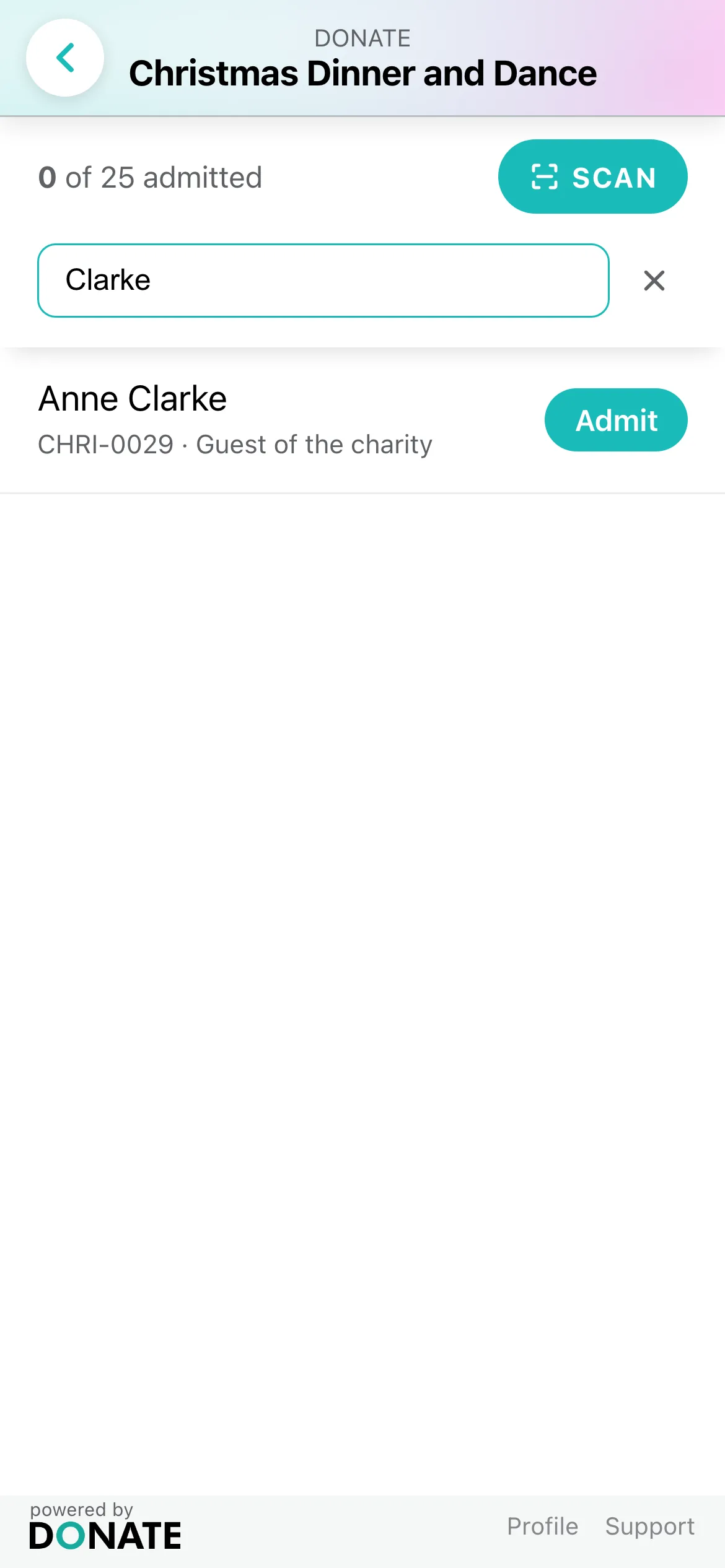 Find a guest by name: Tap the search button and type a name or ticket ref, then tap Admit.