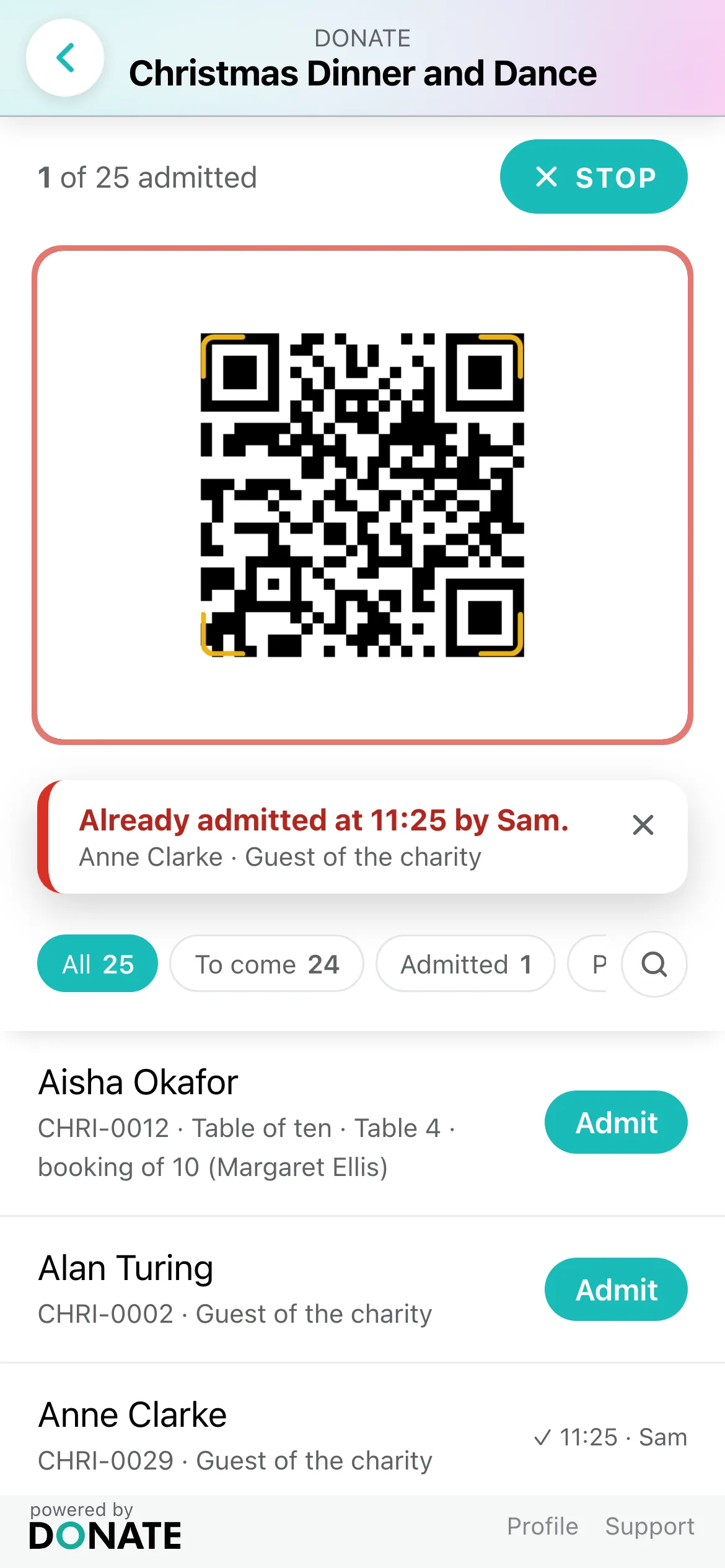 A ticket used twice: The camera edge flashes red and the note turns red, with the time the ticket was first admitted and who let them in. Scanning carries on, so the next guest can step up.