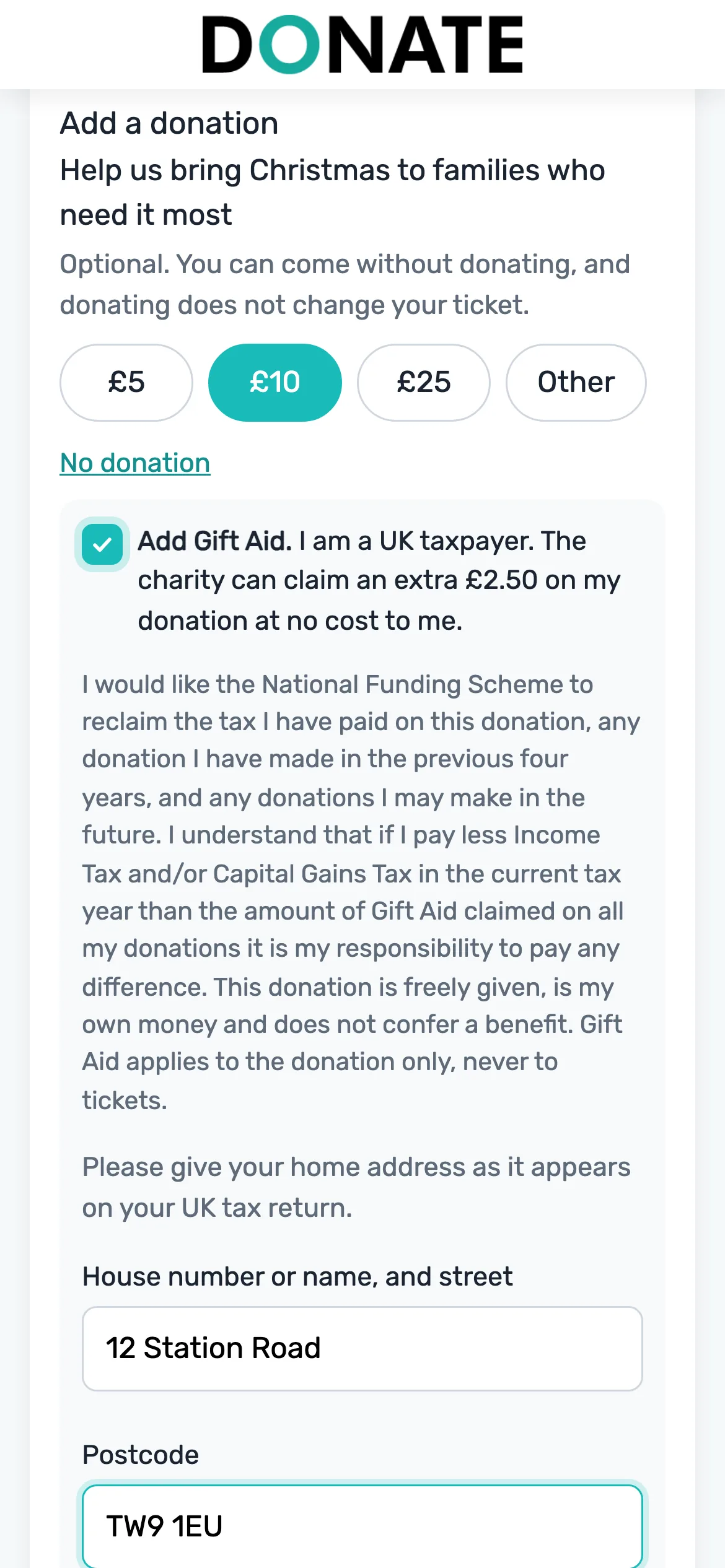 Optional, with Gift Aid: The buyer can add a donation and Gift Aid it. The page says they can come without giving.