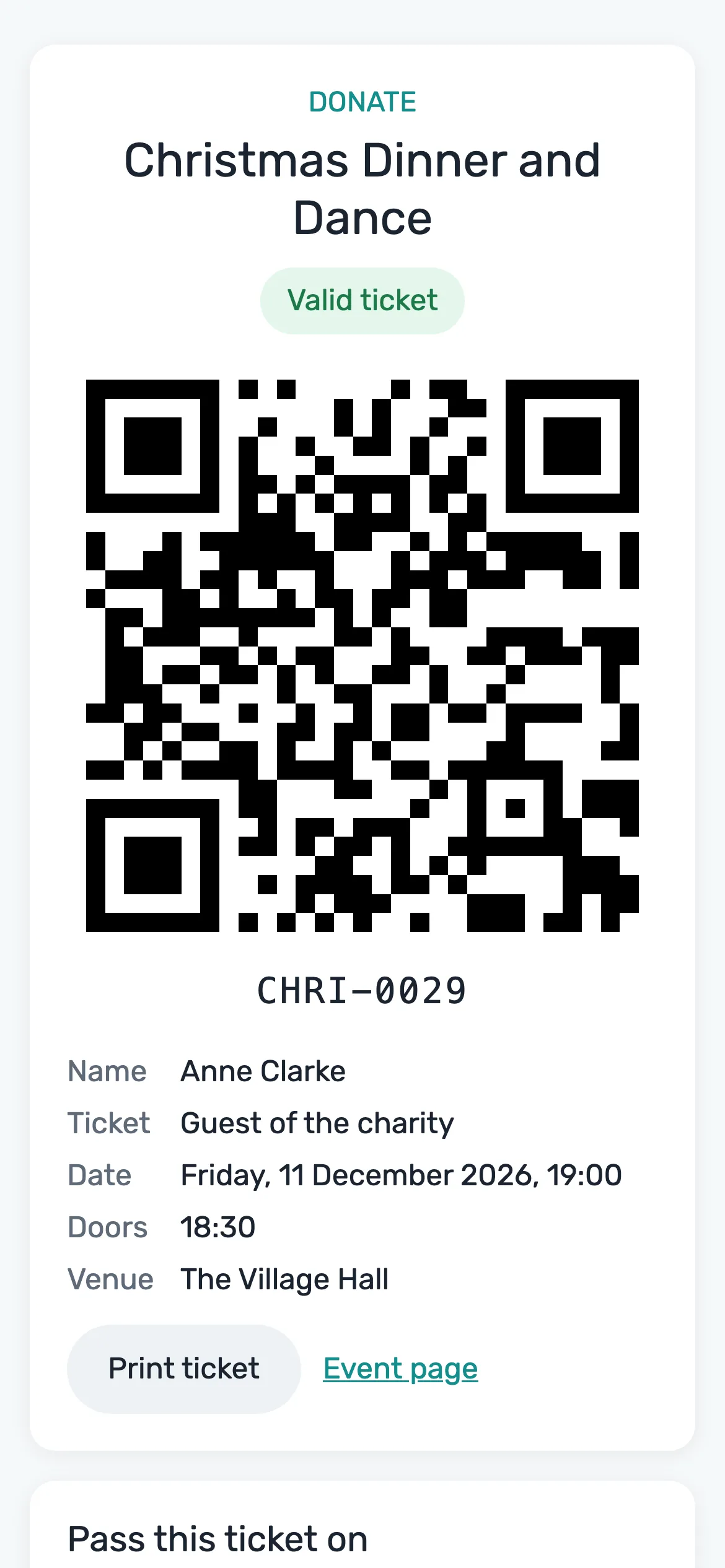 A ticket with a QR code: Each person has their own ticket page with a QR code to show at the door, and a print option.