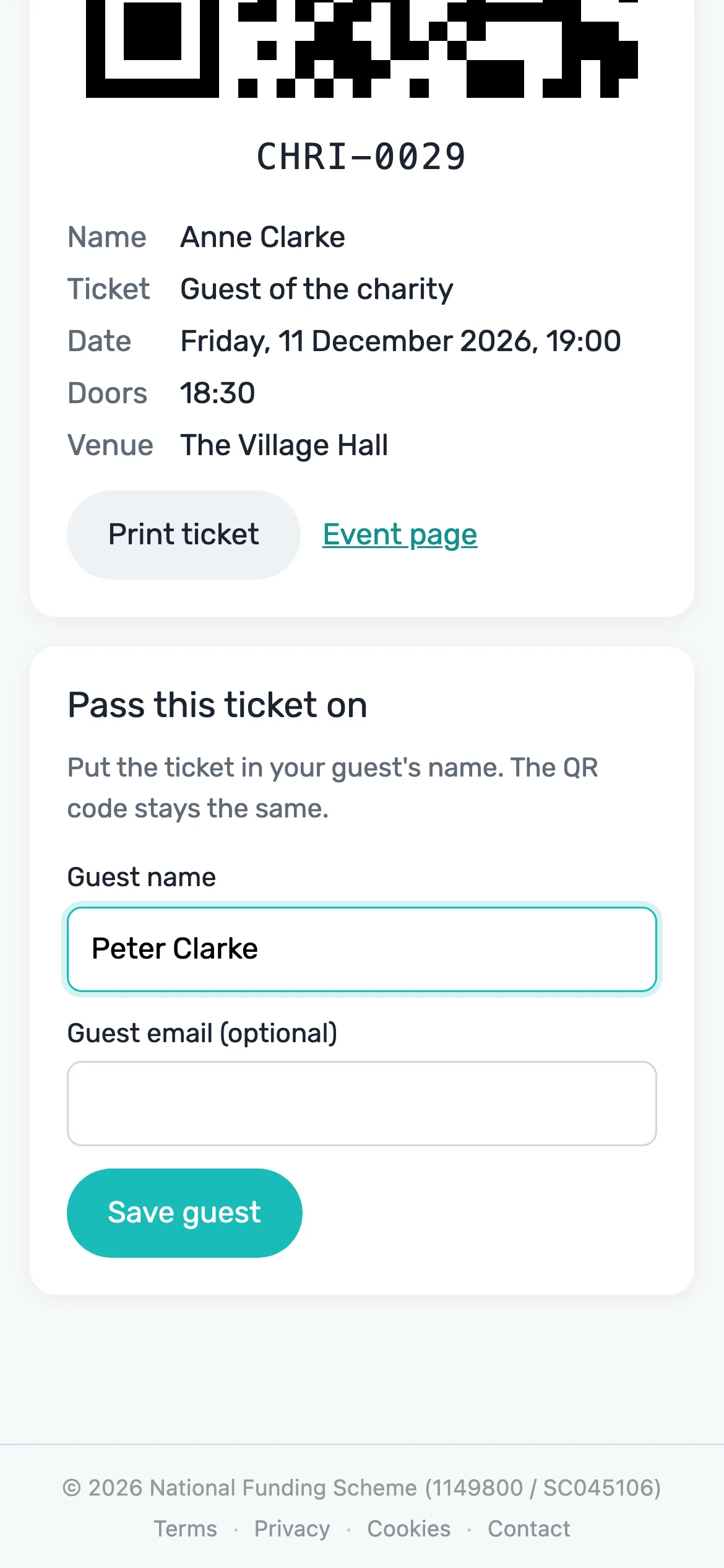 Passing a ticket on: The buyer can put a ticket in a guest's name. The QR code stays the same.
