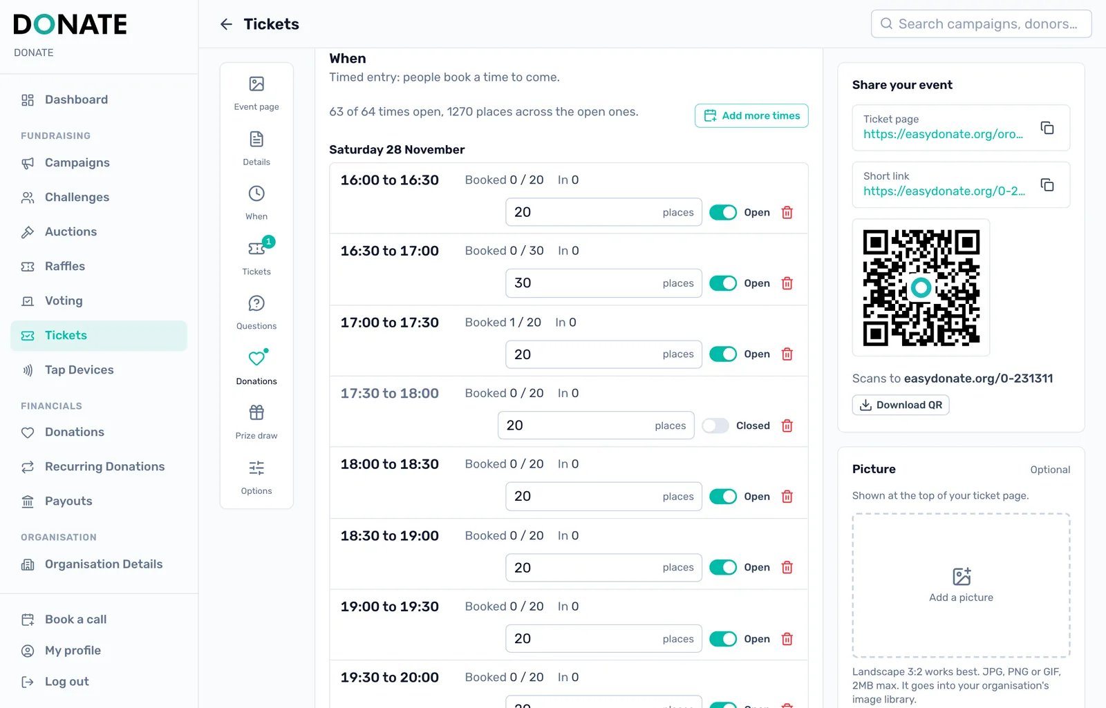 Change any single time: Each time shows how many are booked and in. Change its places, switch it to closed, or delete it if nobody has booked.