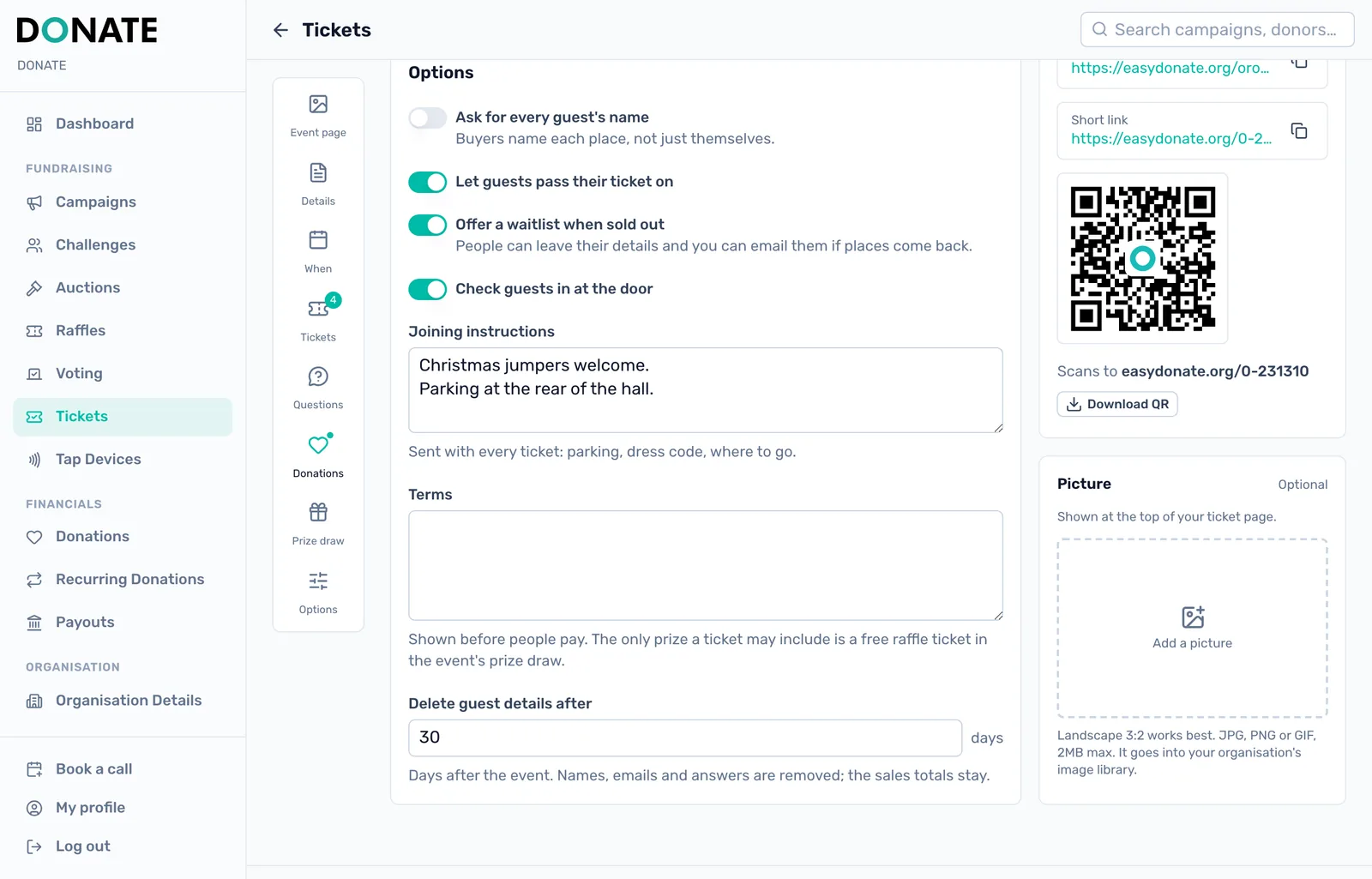 Choose your options: Guest names, passing tickets on, door check-in, the waitlist, joining instructions, terms and when guest details are deleted.