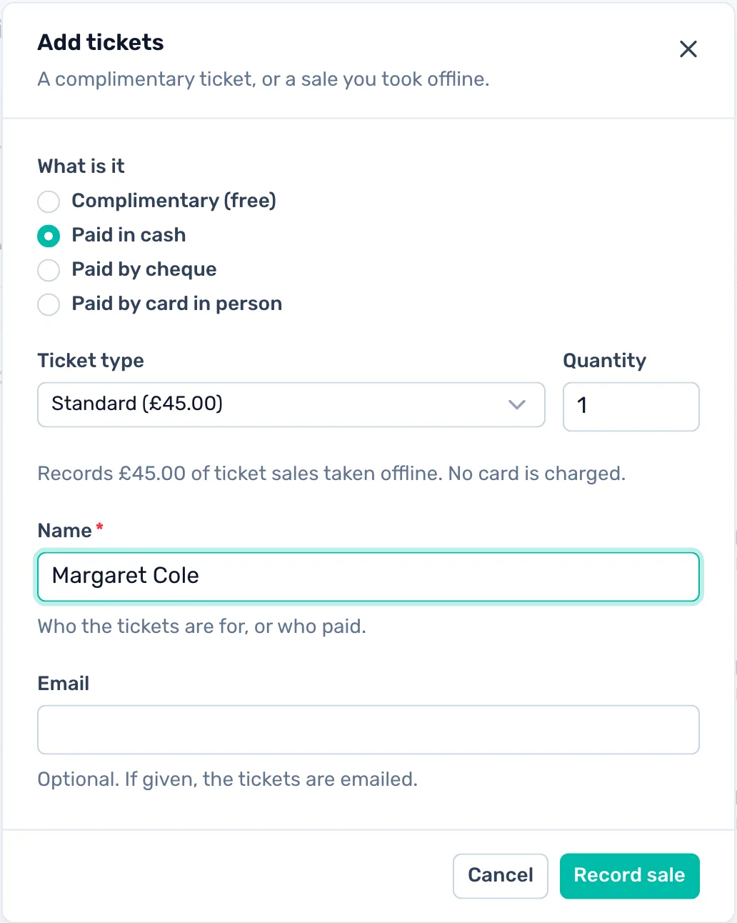 Free tickets and cash sales: Add tickets gives a complimentary ticket, or records a sale you took in cash, by cheque or by card in person.