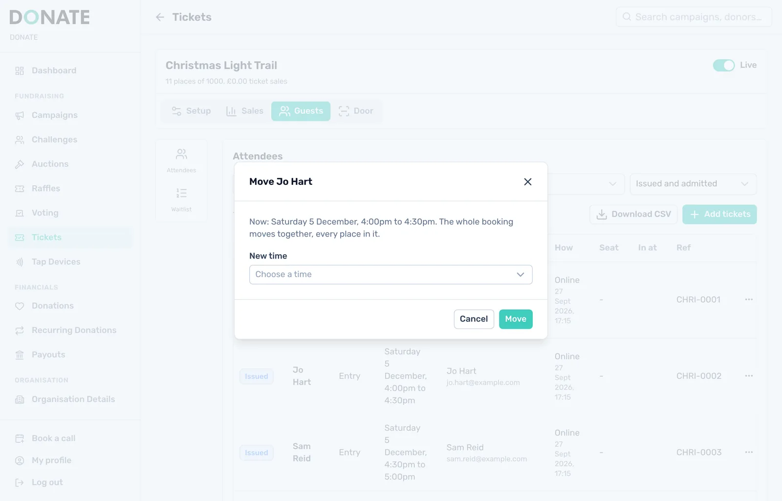 Move a booking: Move a whole booking to another time with places.