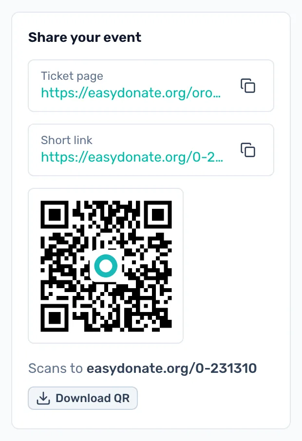 Share your event: Copy the Ticket page or Short link, or download the QR code for posters and flyers.