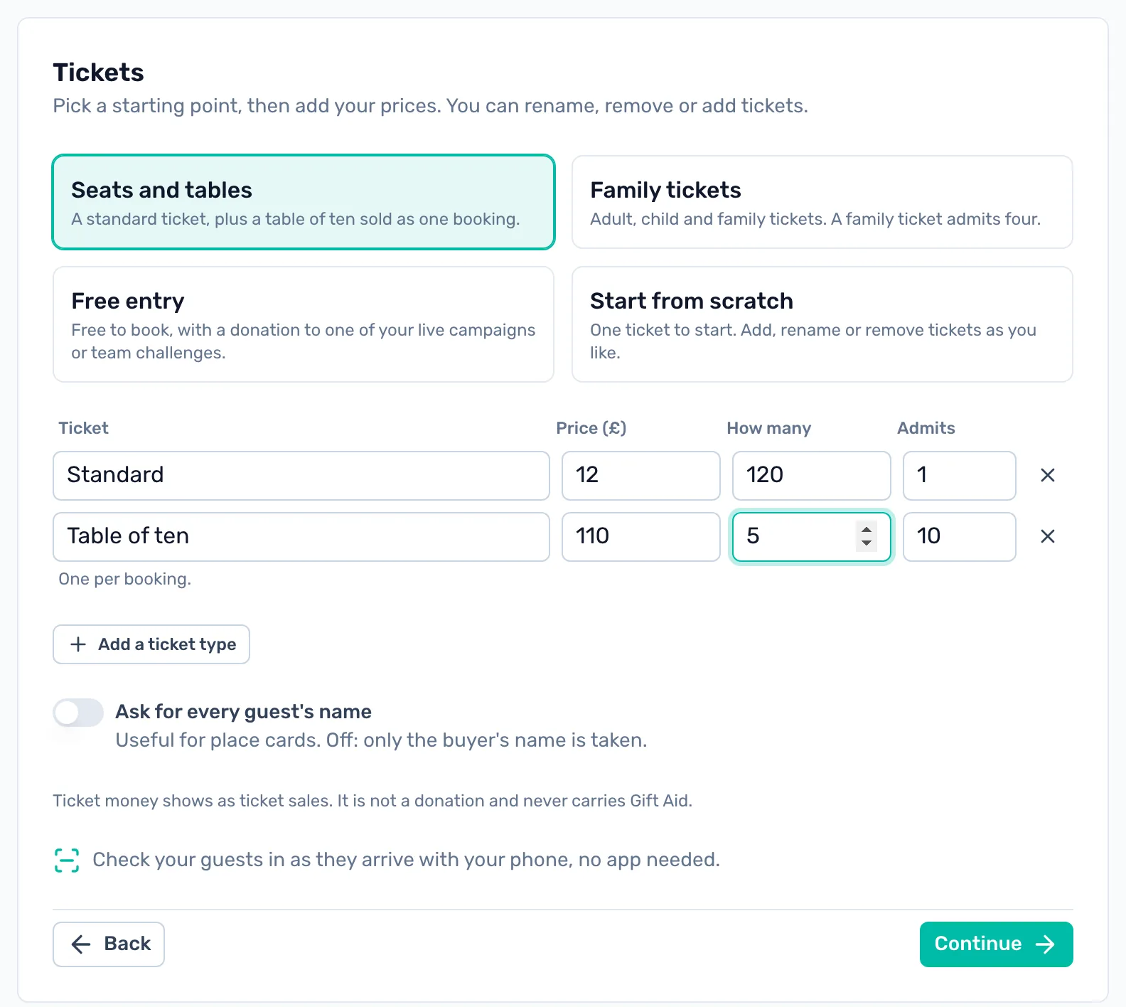 Pick a starting point: Seats and tables gives a Standard ticket and a Table of ten. Type the prices and how many to sell.