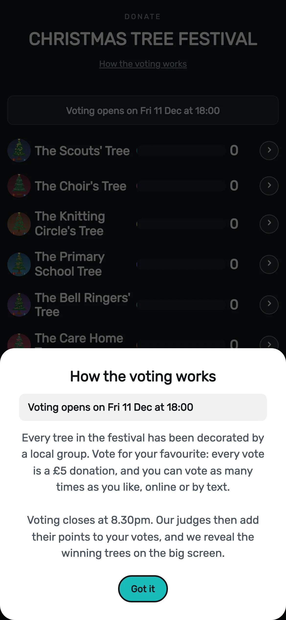 How the voting works: The first time someone opens your voting page, your How the voting works text appears in a popup, with when voting opens.