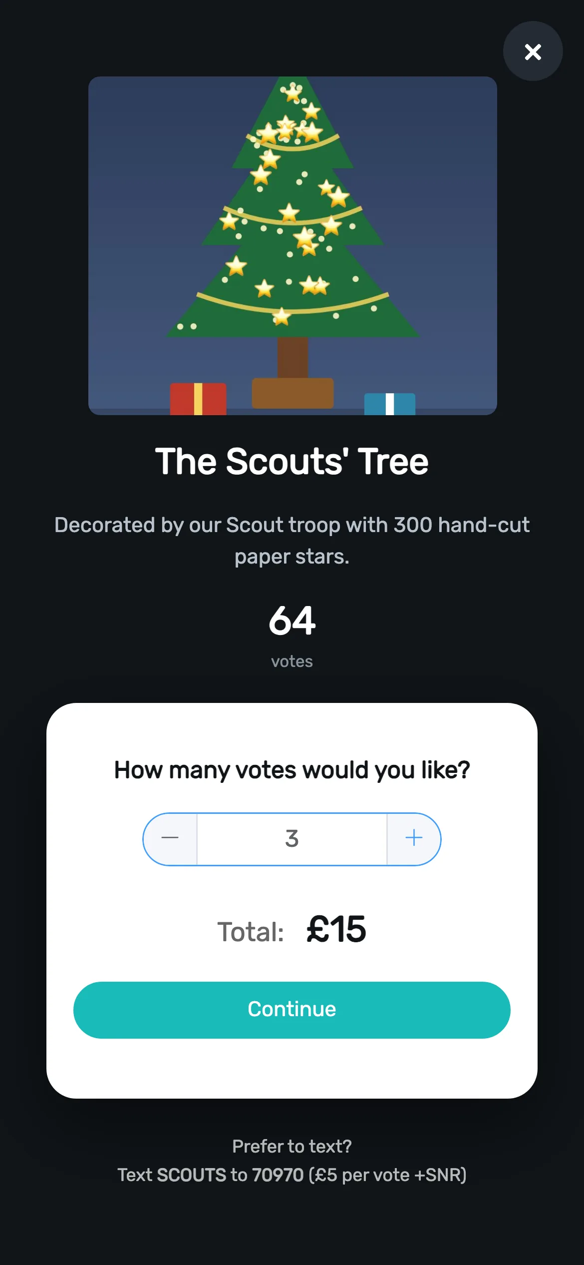 Choose how many votes: VOTE opens the candidate's card with their photo and story. Supporters choose how many votes they want and see the total. The text option is underneath.