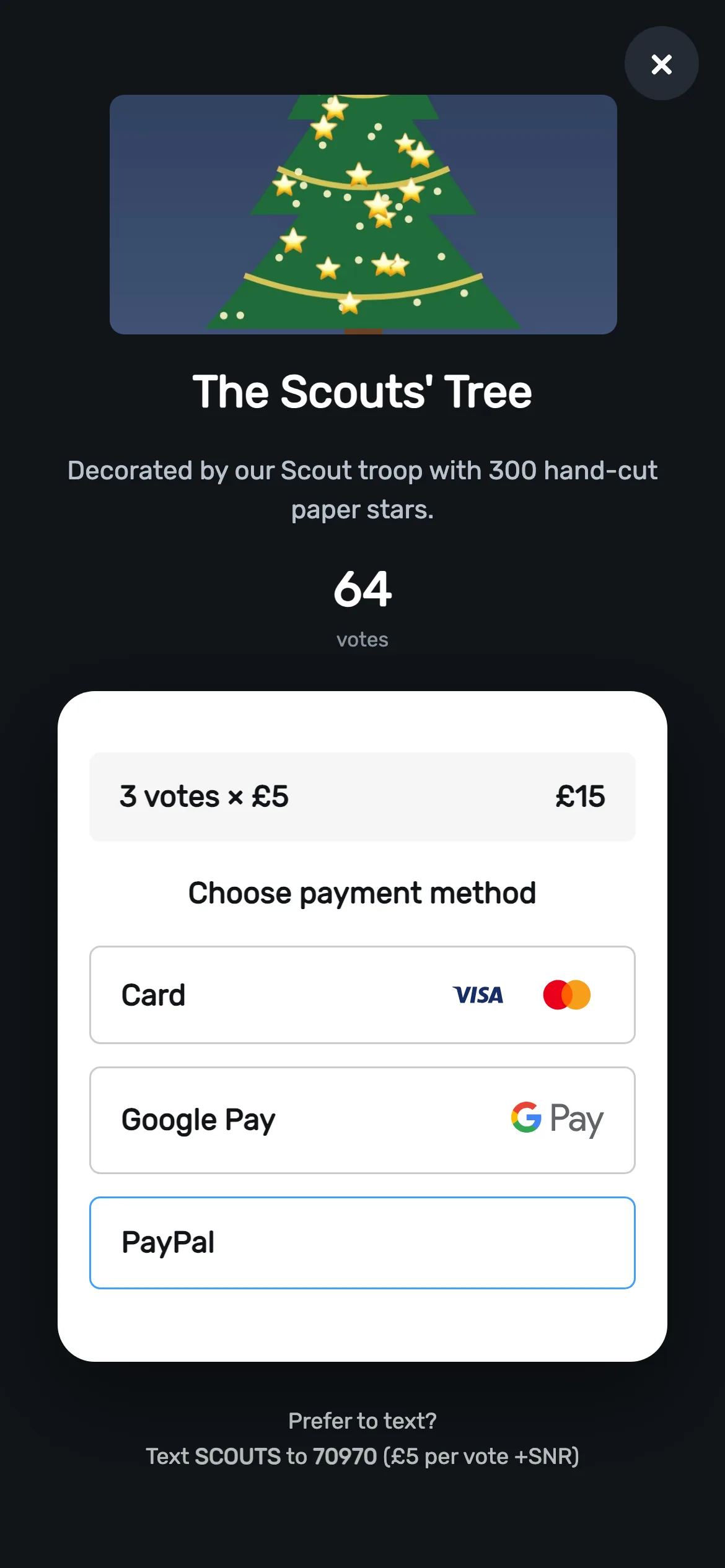 Card, wallet or PayPal: Online, supporters pay by card or PayPal. Chrome also offers Google Pay, and Safari offers Apple Pay.
