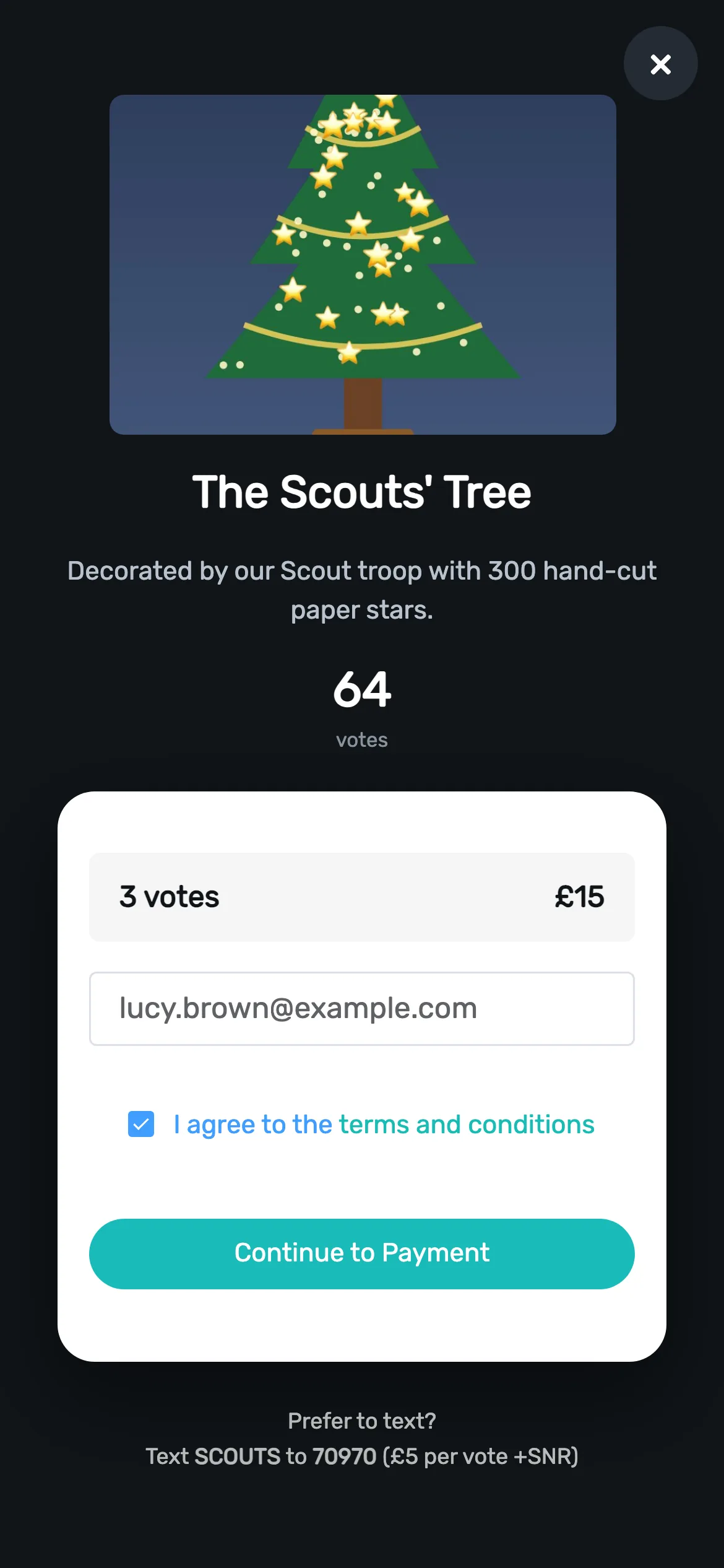 Email, terms, and pay: Supporters give their email address and agree to the terms, then pay. Their votes land on the board when the payment goes through.