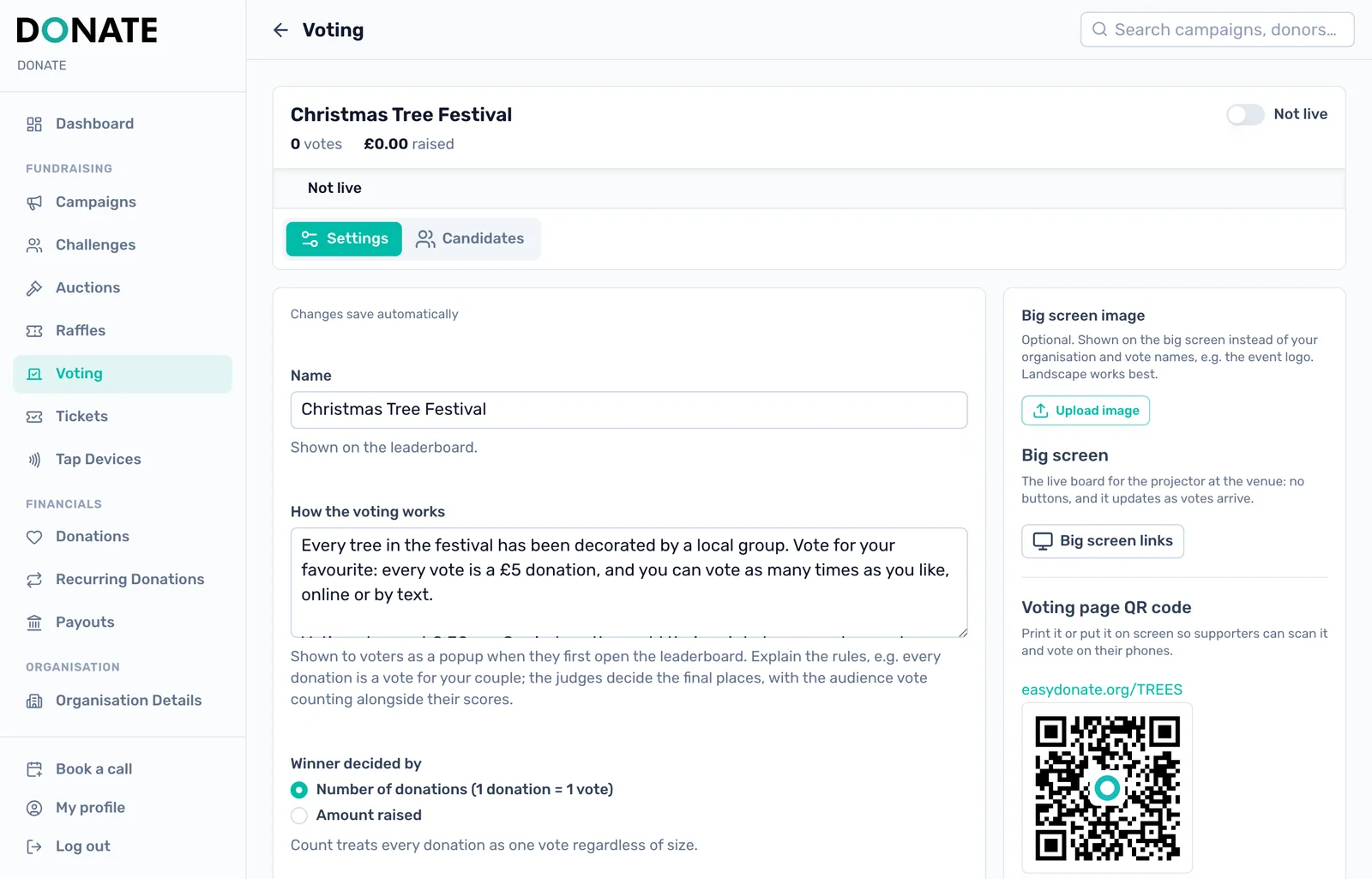Tell supporters how it works: How the voting works is shown to supporters in a popup the first time they open your voting page. The QR code beside it opens that page.