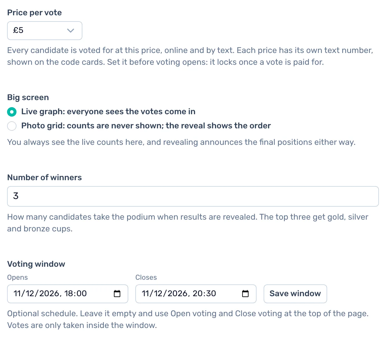 Settings and voting window: On the Settings tab, the price, the big screen, the number of winners and the voting window.
