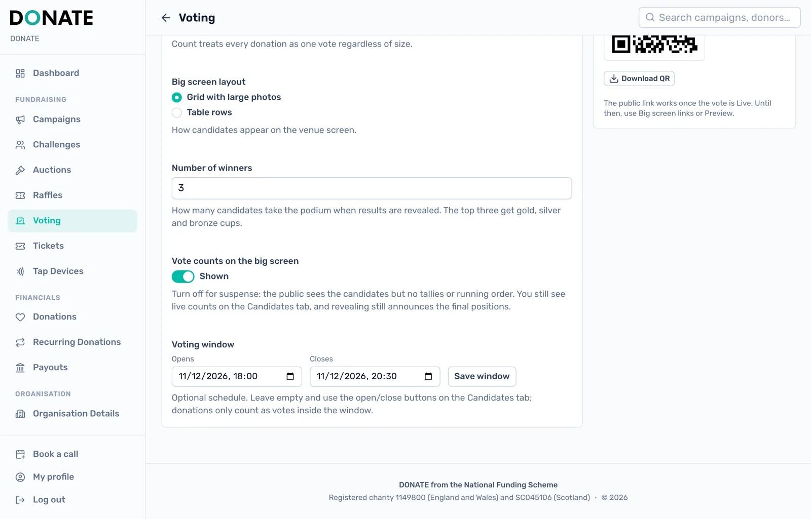 Suspense and the voting window: Set the number of winners, choose whether vote counts show on the big screen, and set when voting opens and closes. Click Save window to keep the times.
