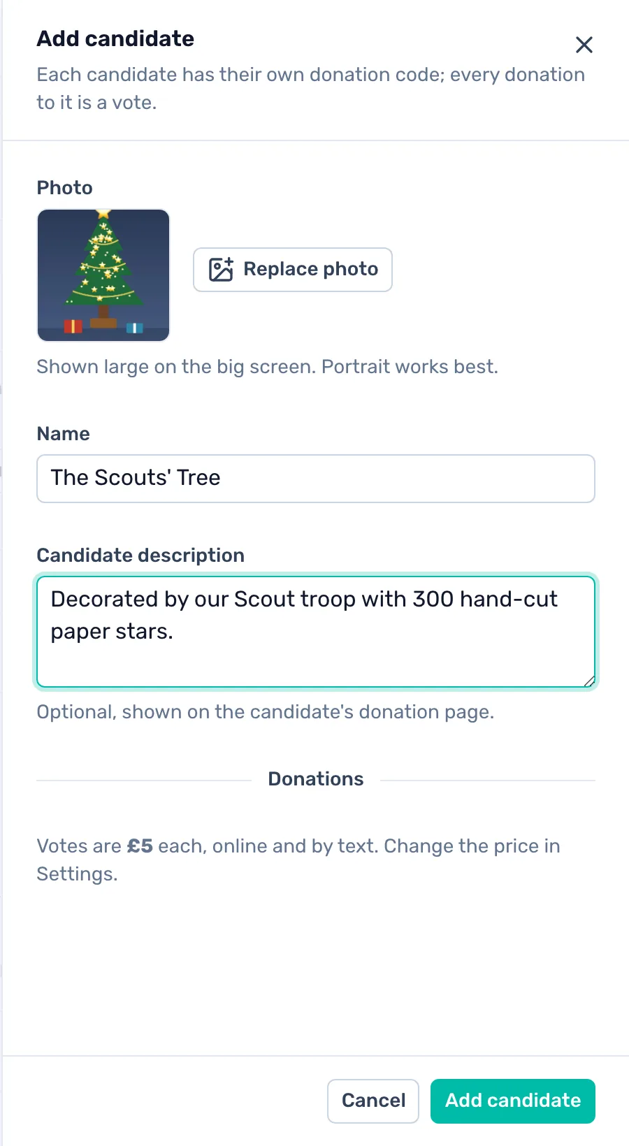 Add a candidate: A photo (portrait works best), a name and a description. The form shows the vote's price.