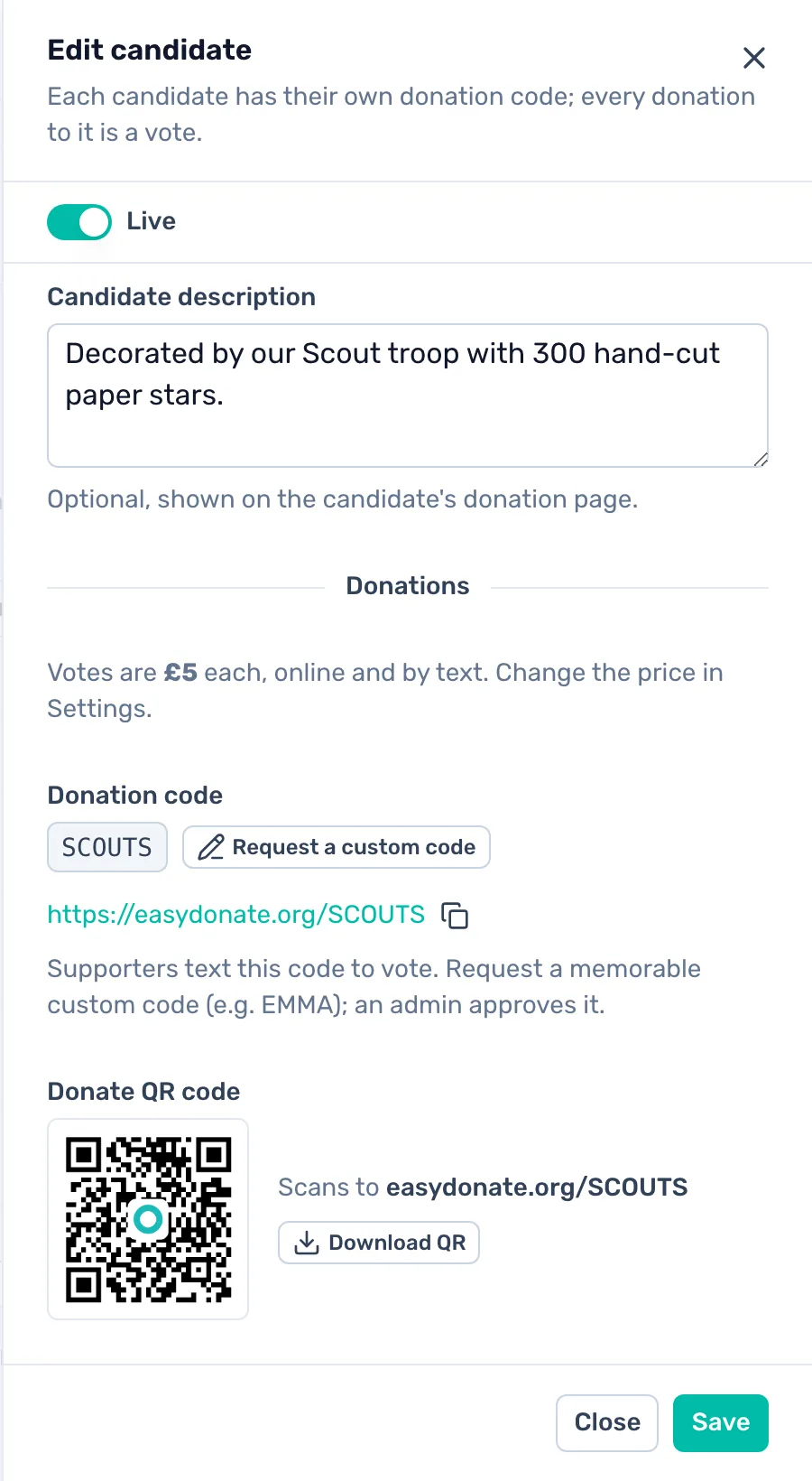 A code and QR code: Open a candidate to see their code, link and QR code, or to request a custom code.