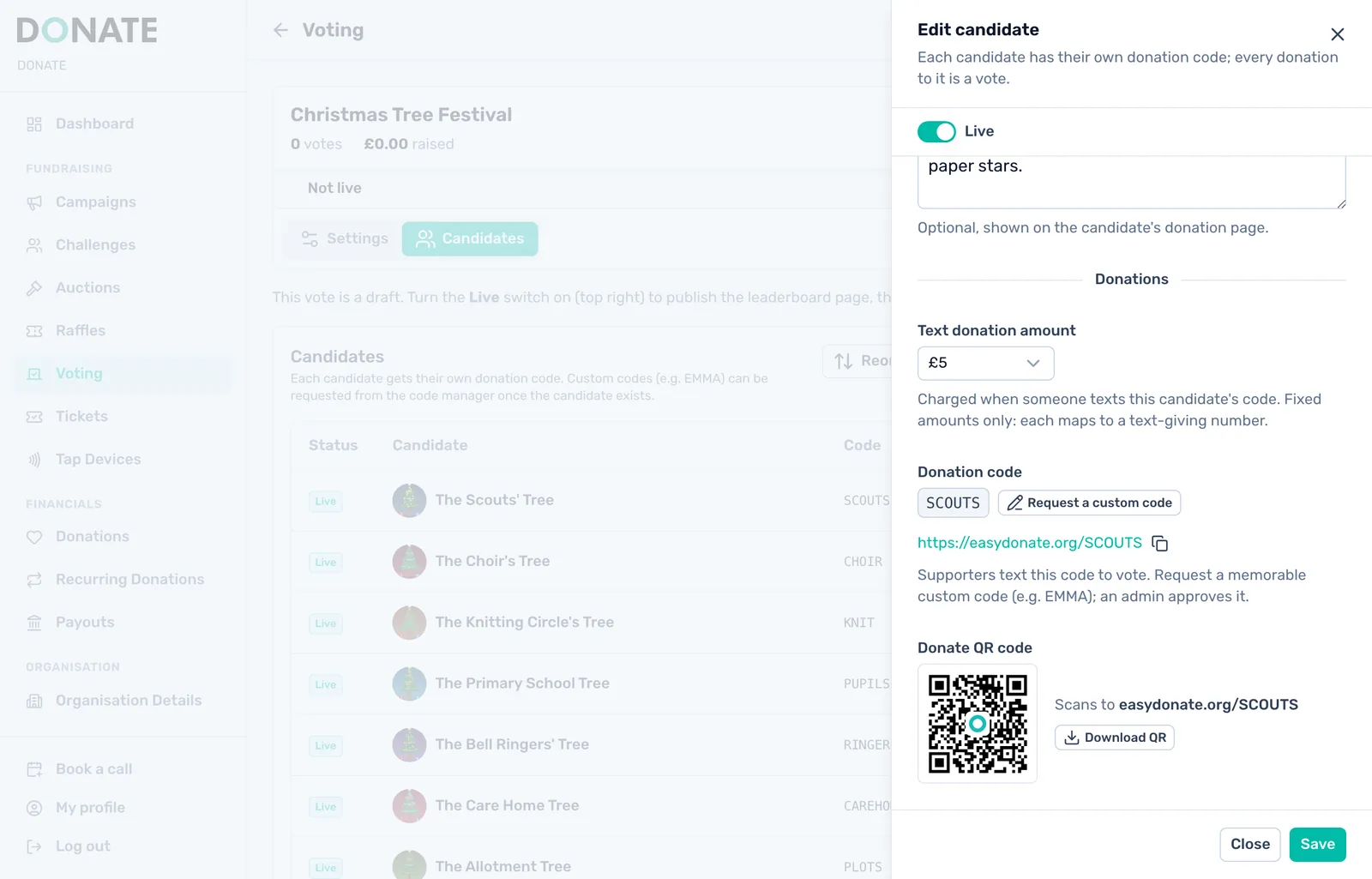 A code and QR code each: Open a candidate to see their code, their link and their QR code. Click Request a custom code to ask for a memorable code. An admin approves it.