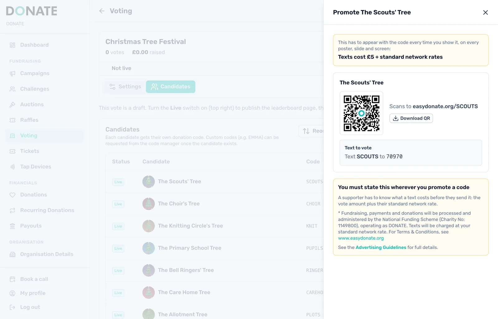 Help candidates promote themselves: Promote shows a candidate's QR code and text instructions, with the cost line and the statement you must show wherever you promote a code.