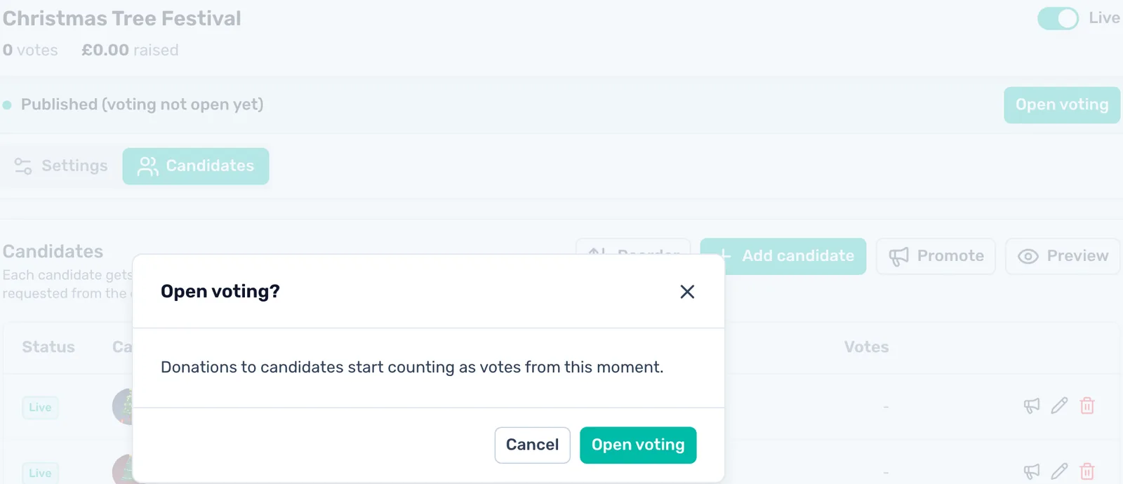 Open voting on the night: With the vote Live, click Open voting and confirm. Votes count from that moment.