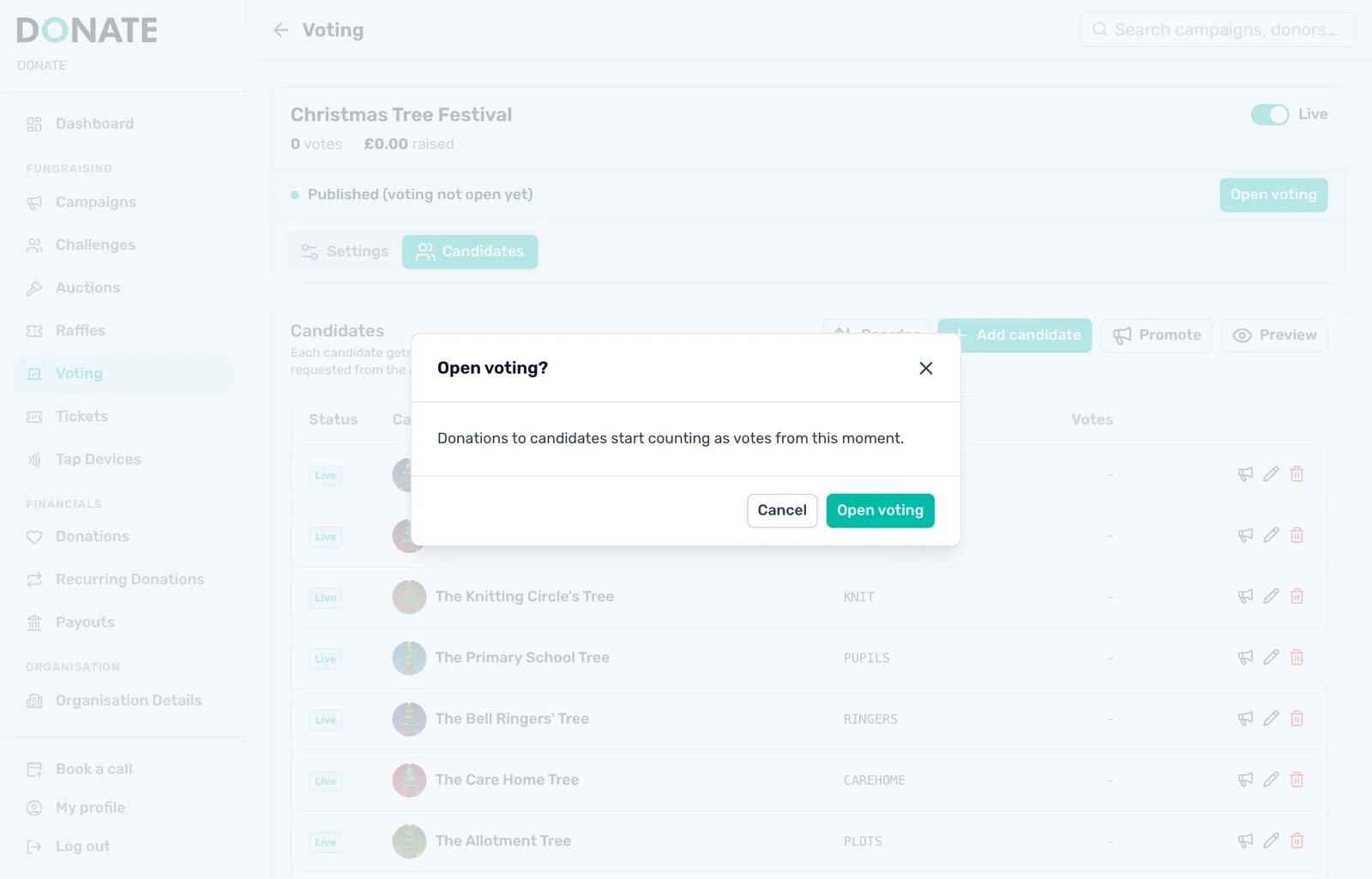 Go live, then open voting: With the vote Live, click Open voting. Votes count from that moment. With a voting window saved, voting opens by itself at the opening time.