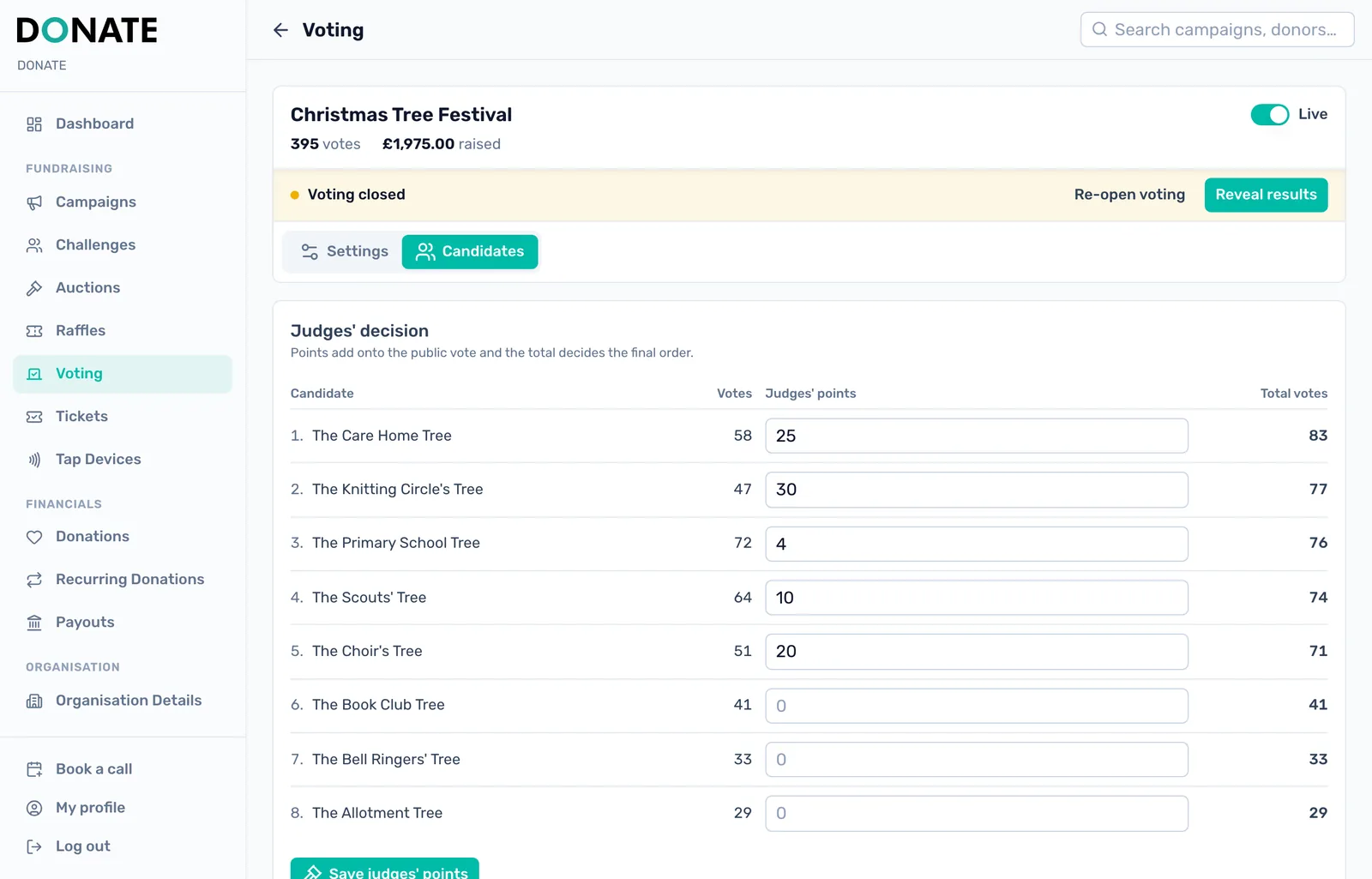 Add the judges' points: Once voting has closed, Judges' decision appears. Type each candidate's points, check the order, and click Save judges' points.
