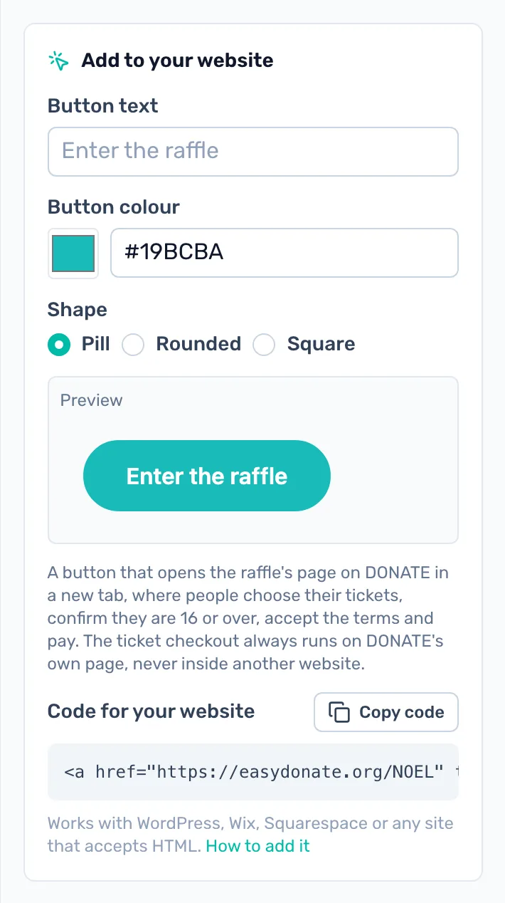 The card on your raffle: The preview shows the Enter the raffle button, and the card says what happens when supporters click it.