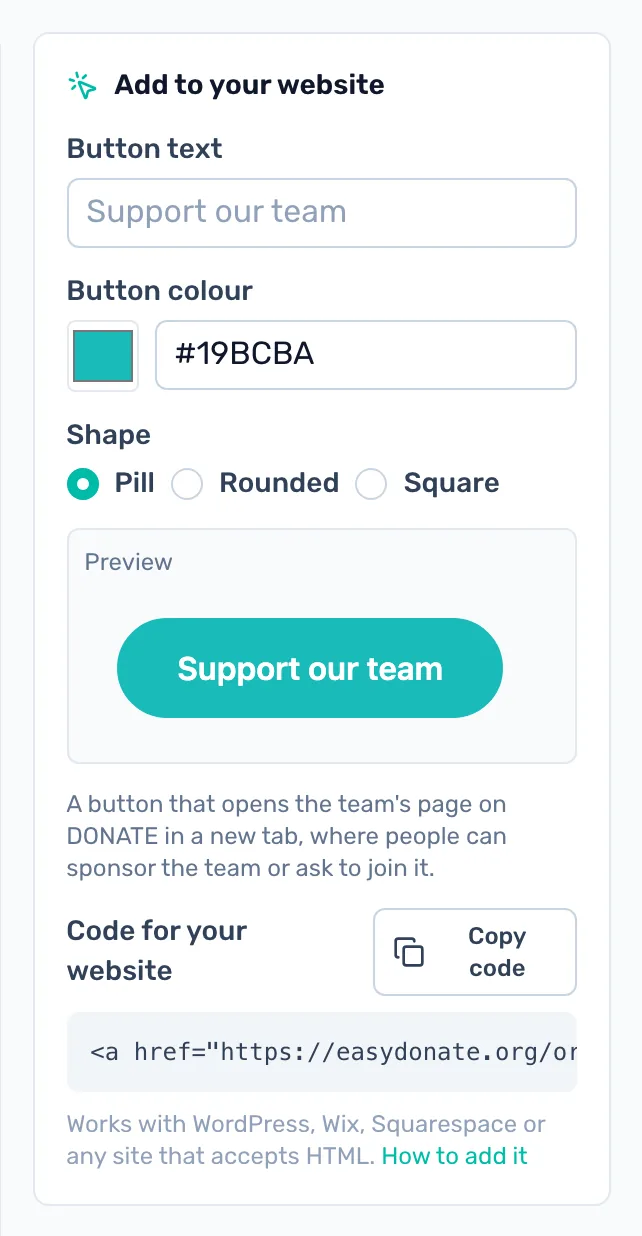 The card on your team challenge: The card sits at the top of the right-hand column, with a Support our team button in the preview.