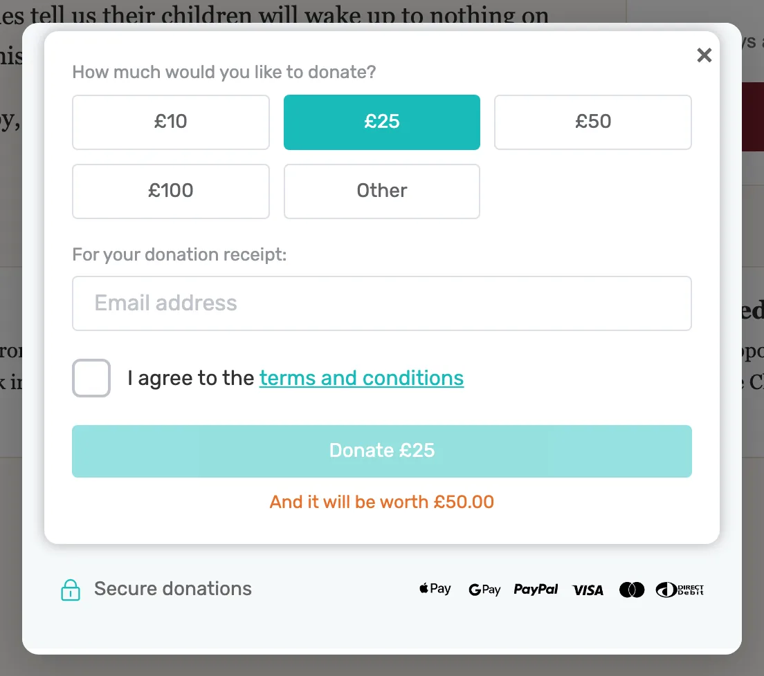 The form opens over it: A click opens the donation form over your page. The cross closes it.