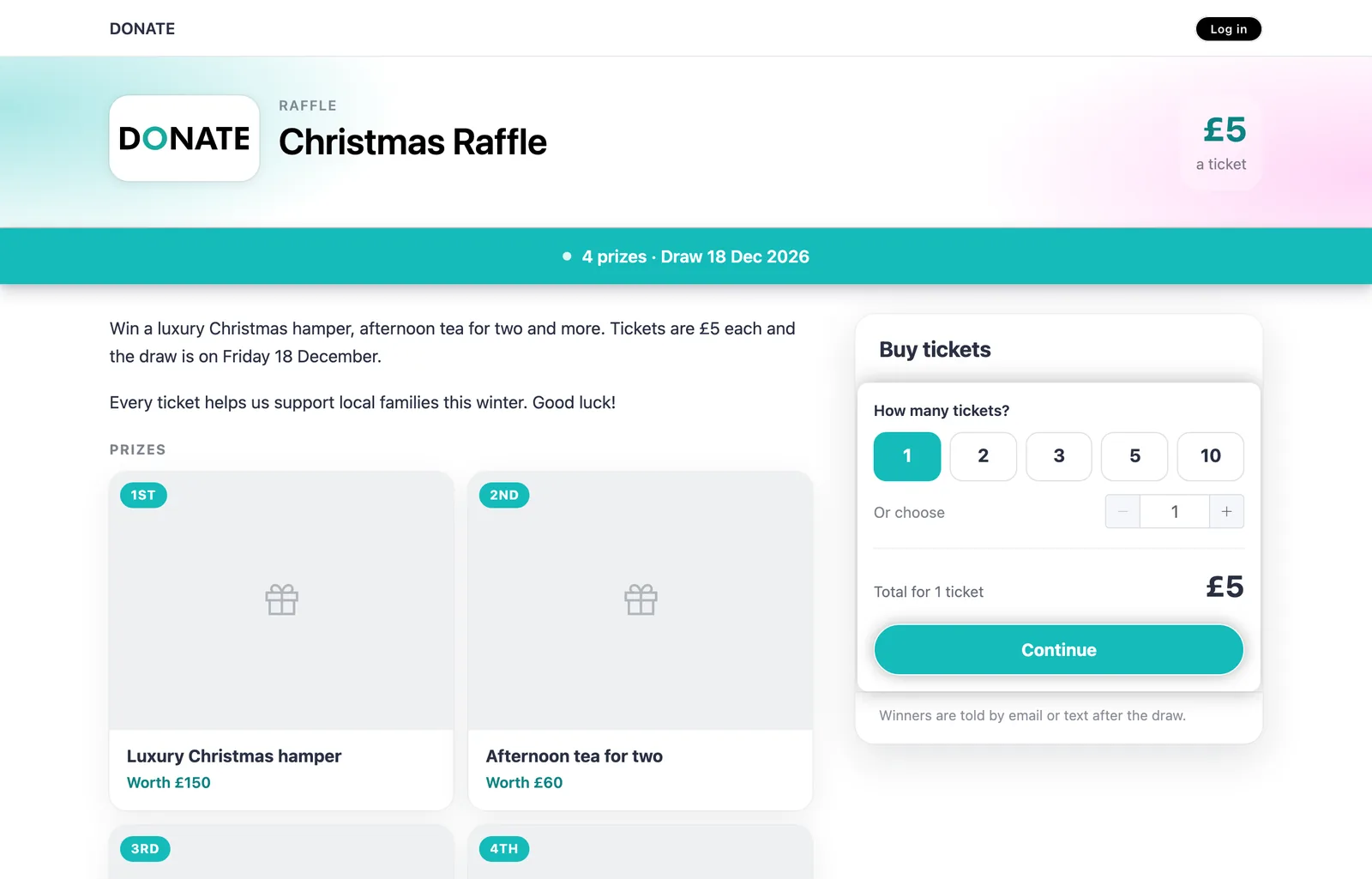 The raffle opens in a tab: A click opens the raffle's page on DONATE in a new tab, where supporters choose their tickets and pay.