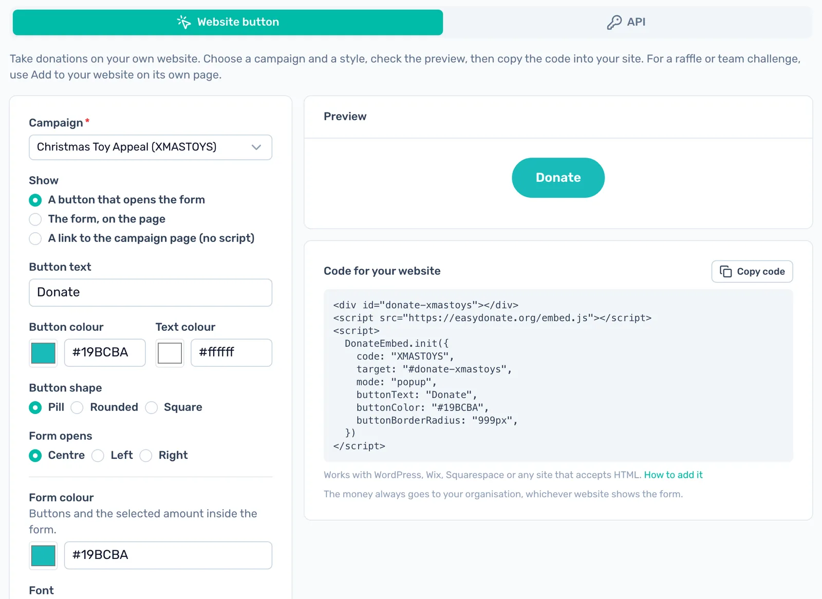 The Website button tab: Choose a campaign and how it should look on the left. The preview and the code are on the right.