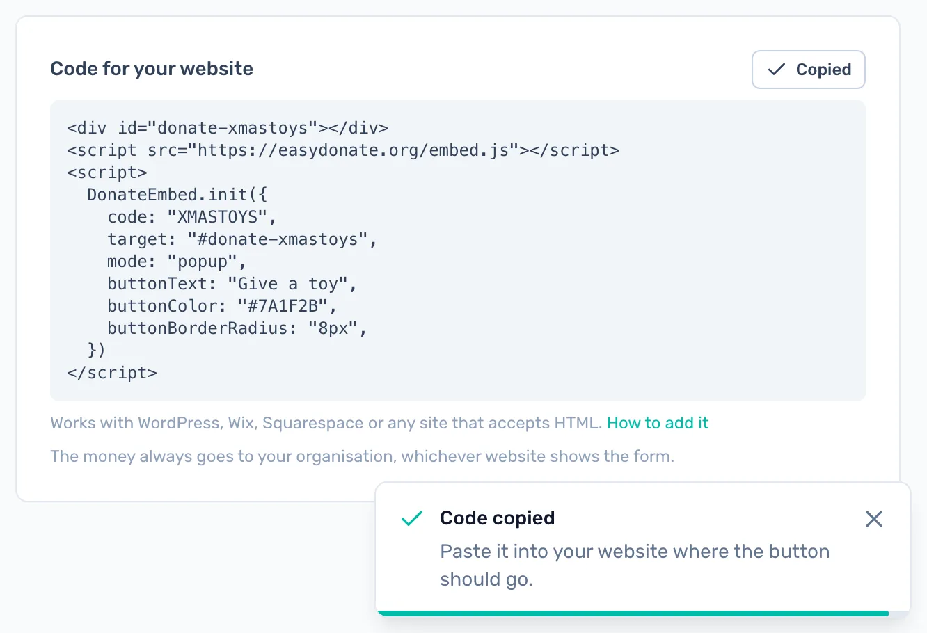 Copy your code: Click Copy code. The button changes to Copied and a message says Code copied.