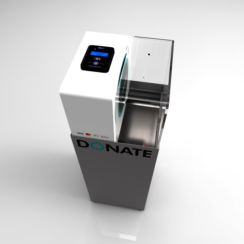 Free-standing contactless donation box
