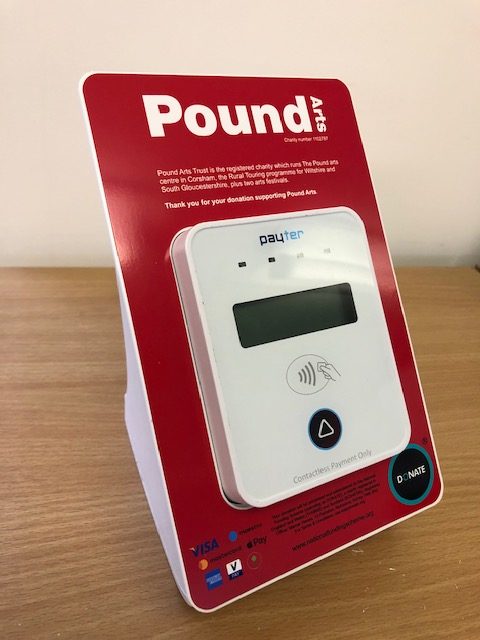 tap+DONATE Static unit installed at Pound Arts with branding frame